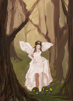 Jonathan Guzi's rendering of an angel in a forest