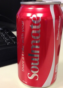 Can of soda with word "soulmate" on it
