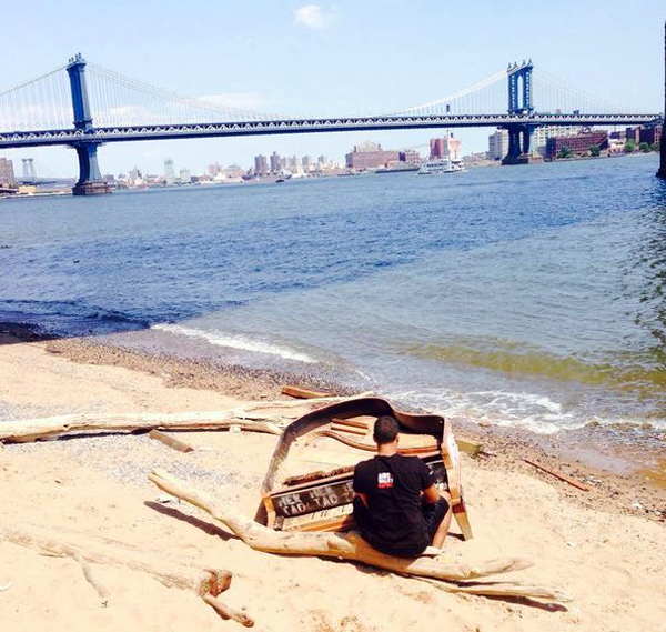 What remains of a grand piano on the banks of NYC's East River