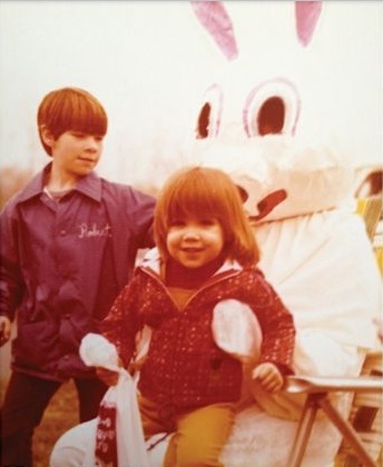 A young Nick and Aimee with the Easter Bunny.