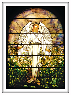The angel of the Resurrection Window stands amongst the lilies
