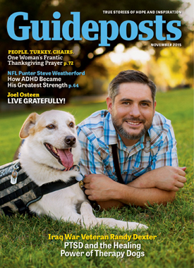 The cover of the Nov 2015 edition of Guideposts, featuring Iraq War veteran Randy Dexter and his therapy dog