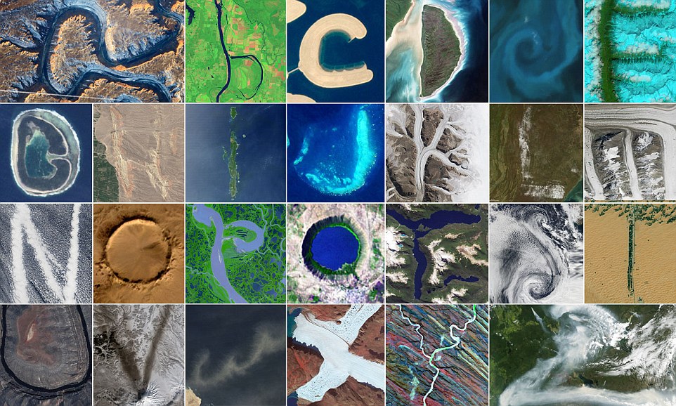 Images taken of Earth from space by NASA depicting letters of the alphpabet. Photos courtesy NASA Earth Observatory.