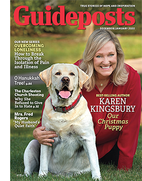 Karen Kingsbury and her dog, Toby, on the cover of the Dec-Jan 2020 issue of Guideposts magazine